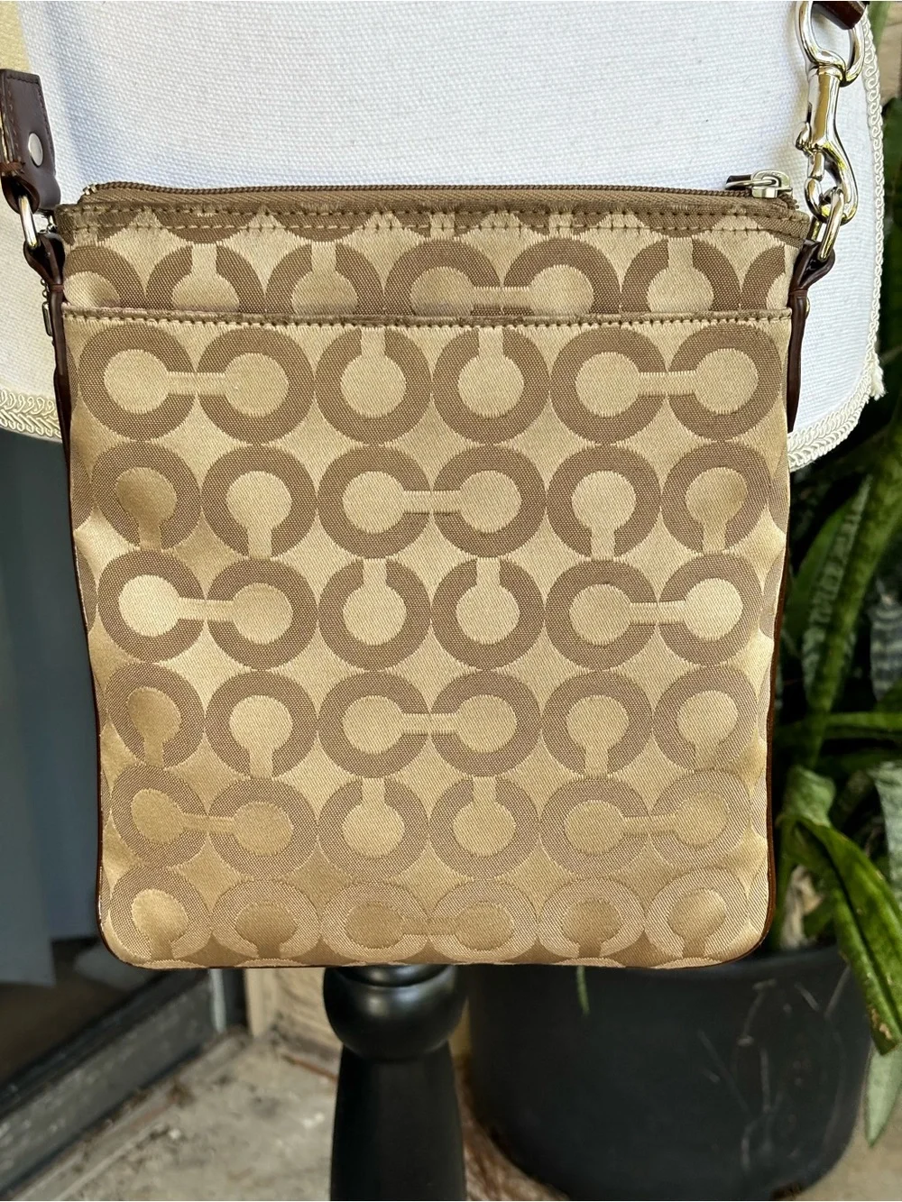 Coach Madison Op Art Signature Jacquard Swingpack Crossbody Beige Brown